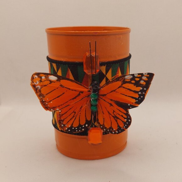 Orange Butterflies with African Kente Print on Writing Pen Holder Set - Picture 2 of 3
